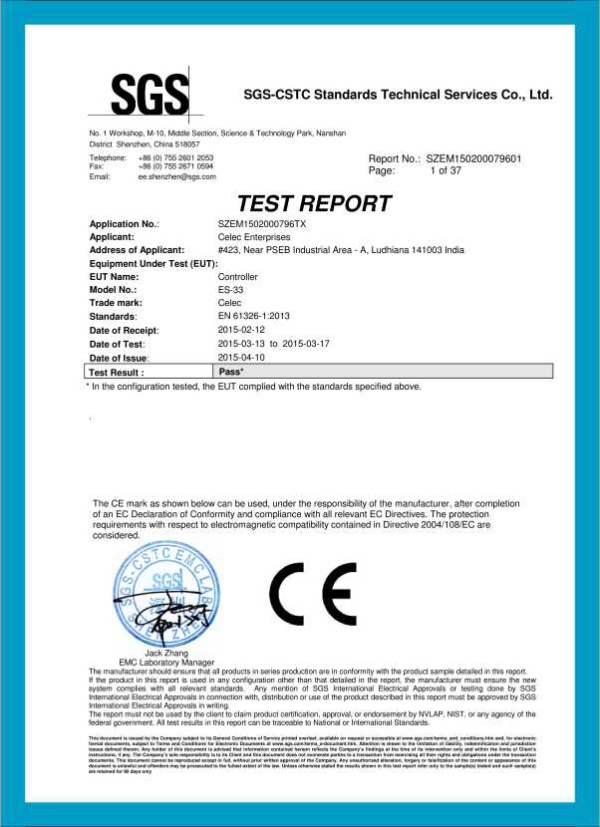 Certificates Celec UL Listed, CE Approved, ISO Verified